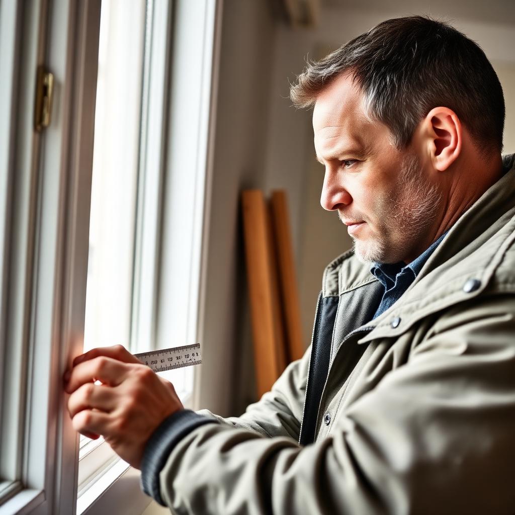 Handwerker beim präzisen Aufmaß eines Fensters